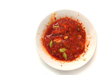 close up of petai beans in sambal sauce food background, with copy space. Perfect for recipe, article, or any cooking contents