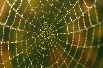 Close-up of a spider web covered in morning dew drops. A symbol of nature, connection, and intricate networks. Perfect for technology, biology. Natural autumn background