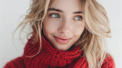 A woman wearing a red sweater and red scarf, possibly for a casual outing or as part of a fashion statement