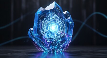 A mesmerizing, multifaceted crystal orb glows with vibrant blue and purple energy, radiating futuristic technology.