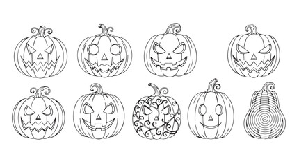 Set of eight hand drawn halloween pumpkin faces with sketchy outline artistic rendering silhouette