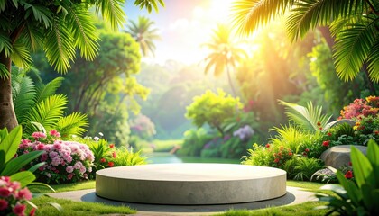 Lush Tropical Garden with Stone Platform and Sunrise