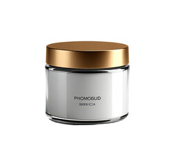 Skincare cream jar, gold lid, studio shot, white background, packaging design