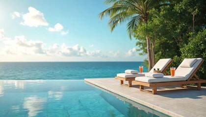 Luxury resort infinity pool with ocean view. Two lounge chairs with drinks sit poolside under palm trees. Serene escape offers ultimate relaxation and vacation comfort.
