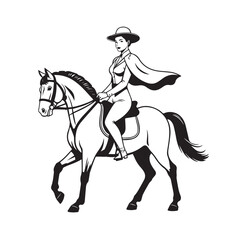 Black and white line art of a beautiful woman with perfect body riding horse elegant minimalist illustration