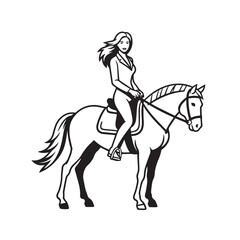 Fototapeta premium Black and white line art of a beautiful woman with perfect body riding horse elegant minimalist illustration
