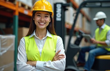 Asian woman warehouse worker smiles confidently with arms crossed. Supervisor discusses with forklift driver in background. Logistics service business, import export operations, factory labor.