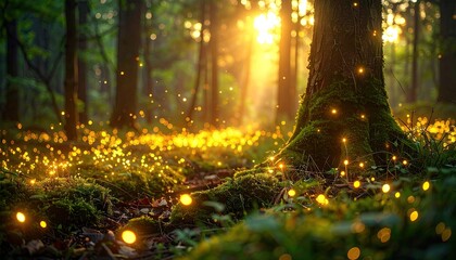 Magical Sunset in a Forest with Fireflies
