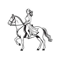 Black and white line art of a beautiful woman with perfect body riding horse elegant minimalist illustration