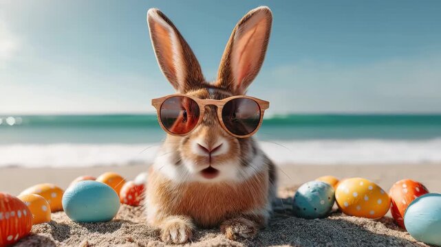 Playful rabbit in sunglasses relaxing on the beach with colorful Easter eggs around as the ocean waves gently roll in during a bright sunny day