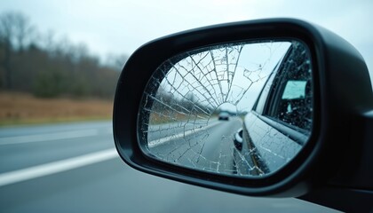 Shattered black car side mirror with cracked glass reflecting blurred road, sky. Close-up view of damaged automotive part on highway, signaling accident destruction. Symbol of danger, brokenness,