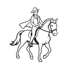 Black and white line art of a beautiful woman with perfect body riding horse elegant minimalist illustration