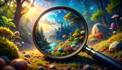Magnifying Glass Revealing Vibrant Fantasy Landscape