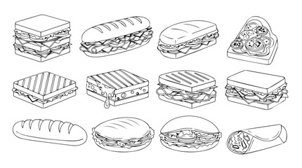 Collection of hand drawn delicious sandwiches and wraps food icons set silhouette