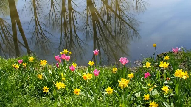 Beautiful Canal in Spring with Colorful Flowers and Reflections of Trees