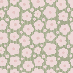 A seamless pattern of light pink flowers with dark pink circles. The light green background is decorated with cute stem-like lines for wallpaper, textiles, handkerchiefs, curtains, tablecloths, carpet