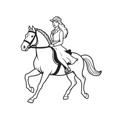 Black and white line art of a beautiful woman with perfect body riding horse elegant minimalist illustration
