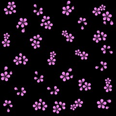 Scattered Pink Petals on Black Background. Elegant Floral Design with Floating Abstract Flowers. Minimalist Pink Blossoms on Dark Contrast