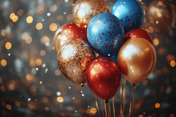 Festive balloons in gold red and blue colors with sparkling glitter bokeh lights party decoration celebrating special occasion happiness concept