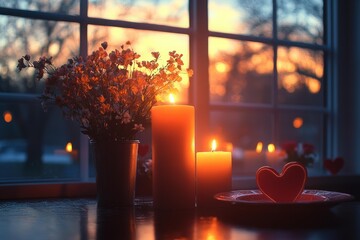 Romantic valentines day dinner table with burning candles flowers heart shaped decoration in warm cozy evening atmosphere love concept