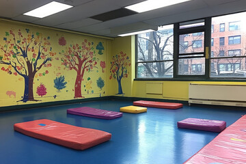 Colorful playroom mats bright cheerful interior with painted tree murals, large windows, and playful atmosphere for children's activities indoors
