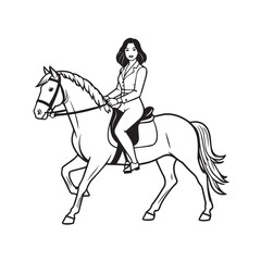 Black and white line art of a beautiful woman with perfect body riding horse elegant minimalist illustration