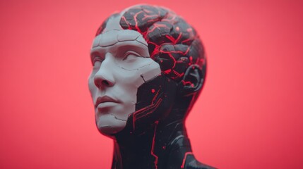 A futuristic humanoid bust with a sleek design, half of its surface displays circuitry against a vibrant red background.