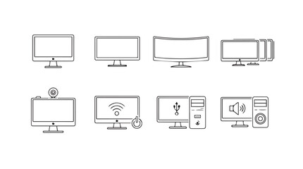 Set of hand-drawn digital device monitor icons with various screen icons and connectivity symbols silhouette