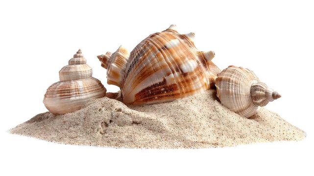 A pile of shells sits atop a sandy beach, perfect for decorating or studying oceanic patterns