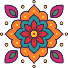 Colorful Mandala Pattern With Floral Center, Leaves, And Circular Dots For Decor