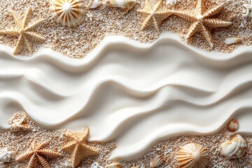 Seashells on sandy background with white wavy texture starfish marine theme summer coastal design relaxing natural beach decoration