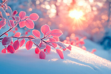 Frosted pink leaves branch winter sunrise glowing sunlight snow background frozen nature seasonal cold beauty delicate detail magical landscape morning atmosphere