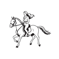 Black and white line art of a beautiful woman with perfect body riding horse elegant minimalist illustration