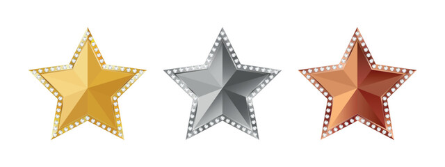 Set of luxury 3D stars in gold, silver and bronze colors with sparkling diamond borders. The vector is isolated on a white background.