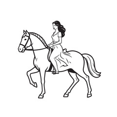 Black and white line art of a beautiful woman with perfect body riding horse elegant minimalist illustration