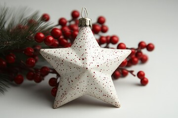 White ceramic star ornament with red speckles hanging with pine branches and red berries festive Christmas holiday decoration macro closeup