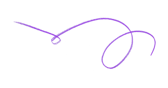 Hand drawn purple pencil lines, circles, stripes and squiggly lines on transparent background.