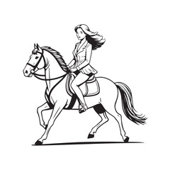Black and white line art of a beautiful woman with perfect body riding horse elegant minimalist illustration