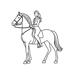Black and white line art of a beautiful woman with perfect body riding horse elegant minimalist illustration