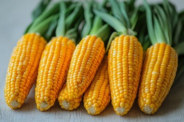 Fresh golden corn cobs arranged in row with husks still attached on rustic wooden table surface in natural daylight setting