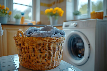 Laundry basket with towels placed beside modern washing machine in bright cozy home interior with flowers and natural light background