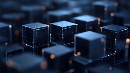 A close-up view of digital cubes in a dark environment, featuring glowing edges and a grid-like pattern, representing technology and data visualization.