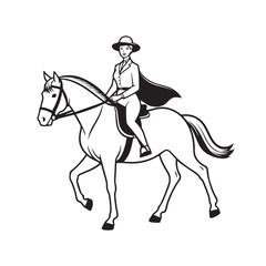 Black and white line art of a beautiful woman with perfect body riding horse elegant minimalist illustration