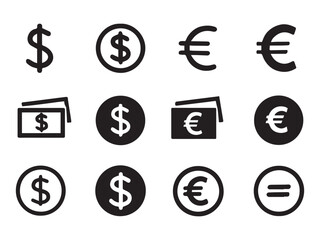 A set of currency of Dollar and Euro symbols for business and finance vector icons. Isolated on transparent background.