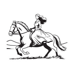 Black and white line art of a beautiful woman with perfect body riding horse elegant minimalist illustration