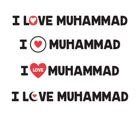 Bold “I Love Muhammad” text designs with creative heart icons in various styles – perfect for Islamic, name-themed, or personal expression graphics.
