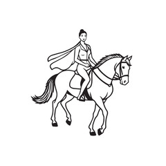 Black and white line art of a beautiful woman with perfect body riding horse elegant minimalist illustration