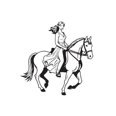 Black and white line art of a beautiful woman with perfect body riding horse elegant minimalist illustration