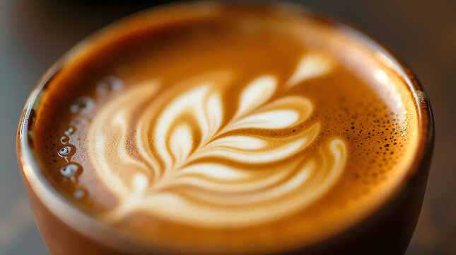 Macro shot of espresso crema surface with tiny bubbles, warm tones.