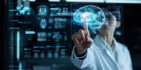 A researcher interacts with a digital brain model, showcasing advanced technology and neuroscience in a modern lab setting.